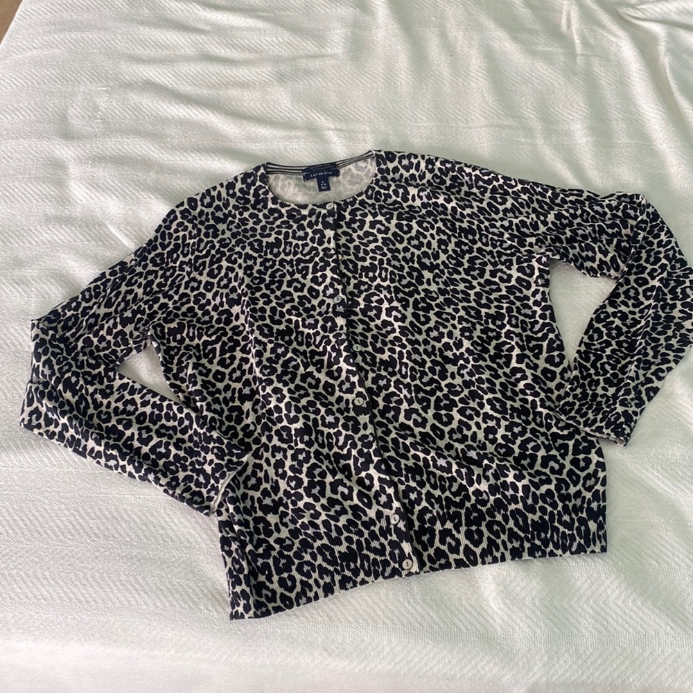 Lands End Large Cheetah print button down sweater black grey yellow excellent
